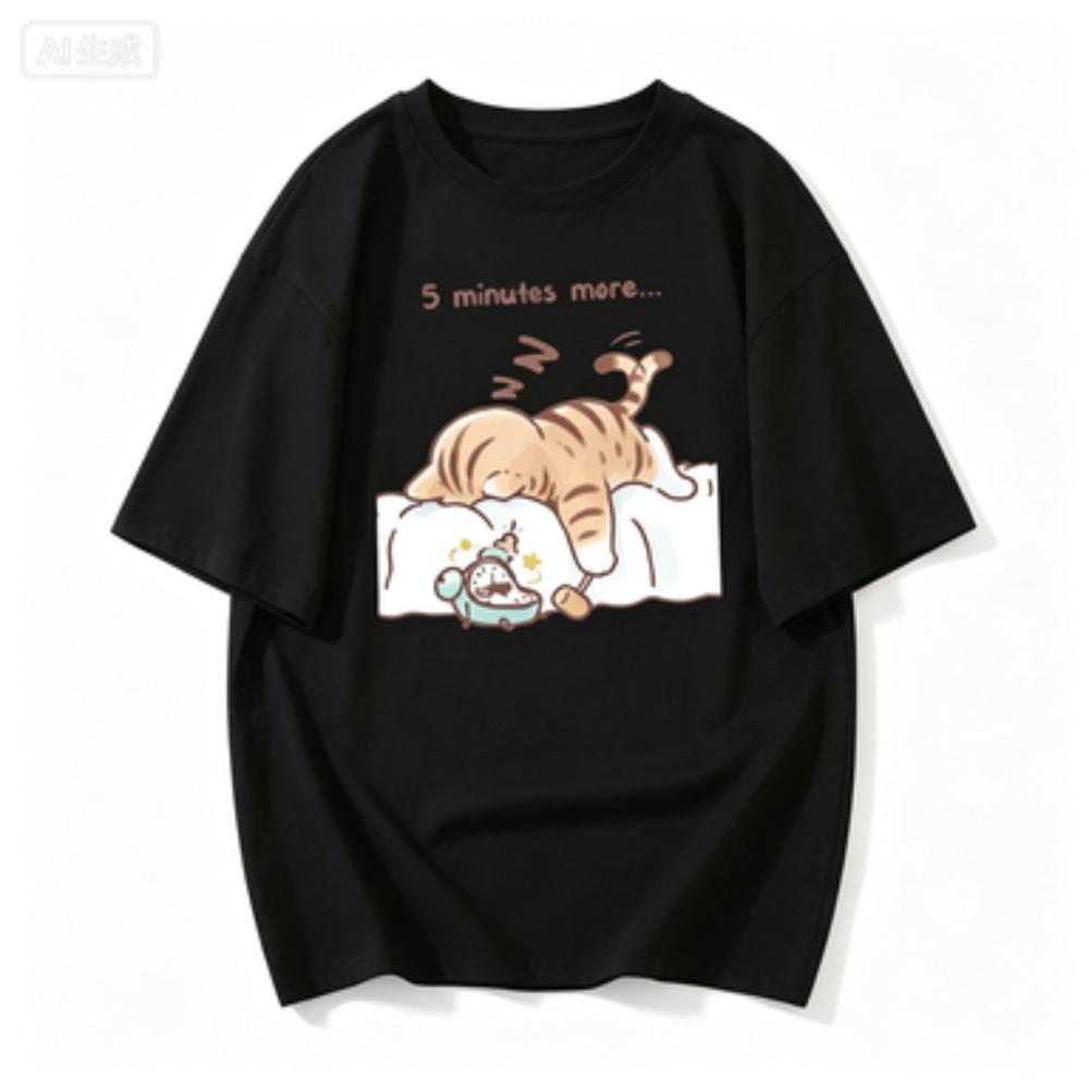 Wounisex Tshirt Cotton Summer The Cat That Always Wants To Sleep Pattern Prints T Shirt Oneck Soft Loose Tops Basic Wounisex Clothes