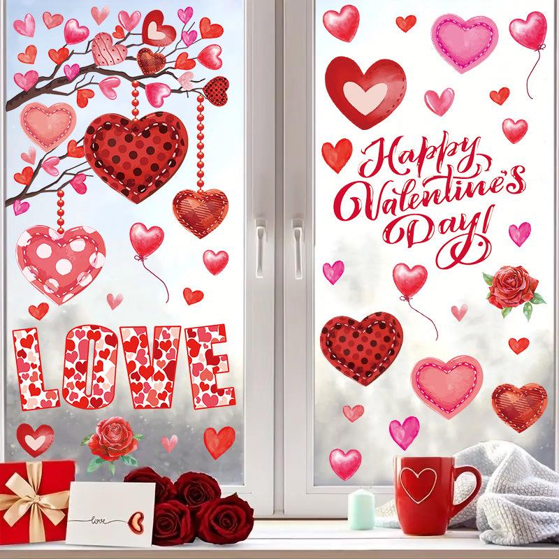 Valentine's Day Window Sticker Pvc Self-adhesive Holiday Party Wedding Cake Love Roses Cat Balloon Home Decor Wall Decals