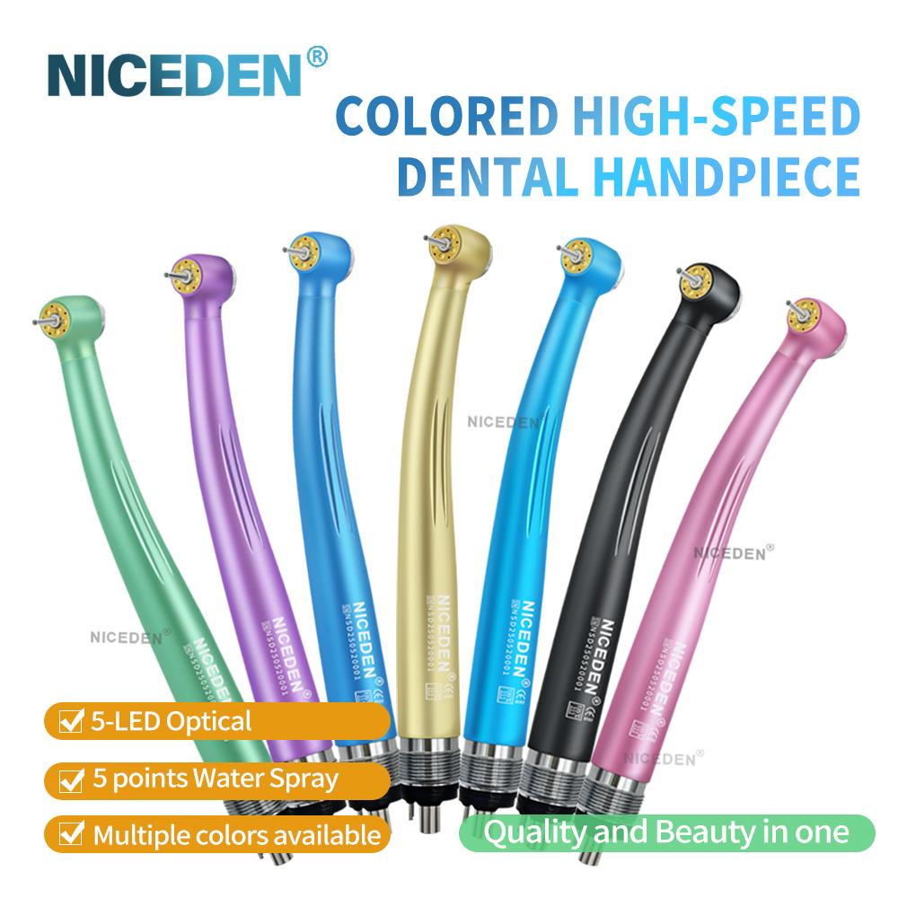 Niceden High-Speed Handpiece LED Push Button Standard Head 2/4 Holes Three Water Spray Air Oral Therapy Equipments Accessories 5 LED 5 Water Holes