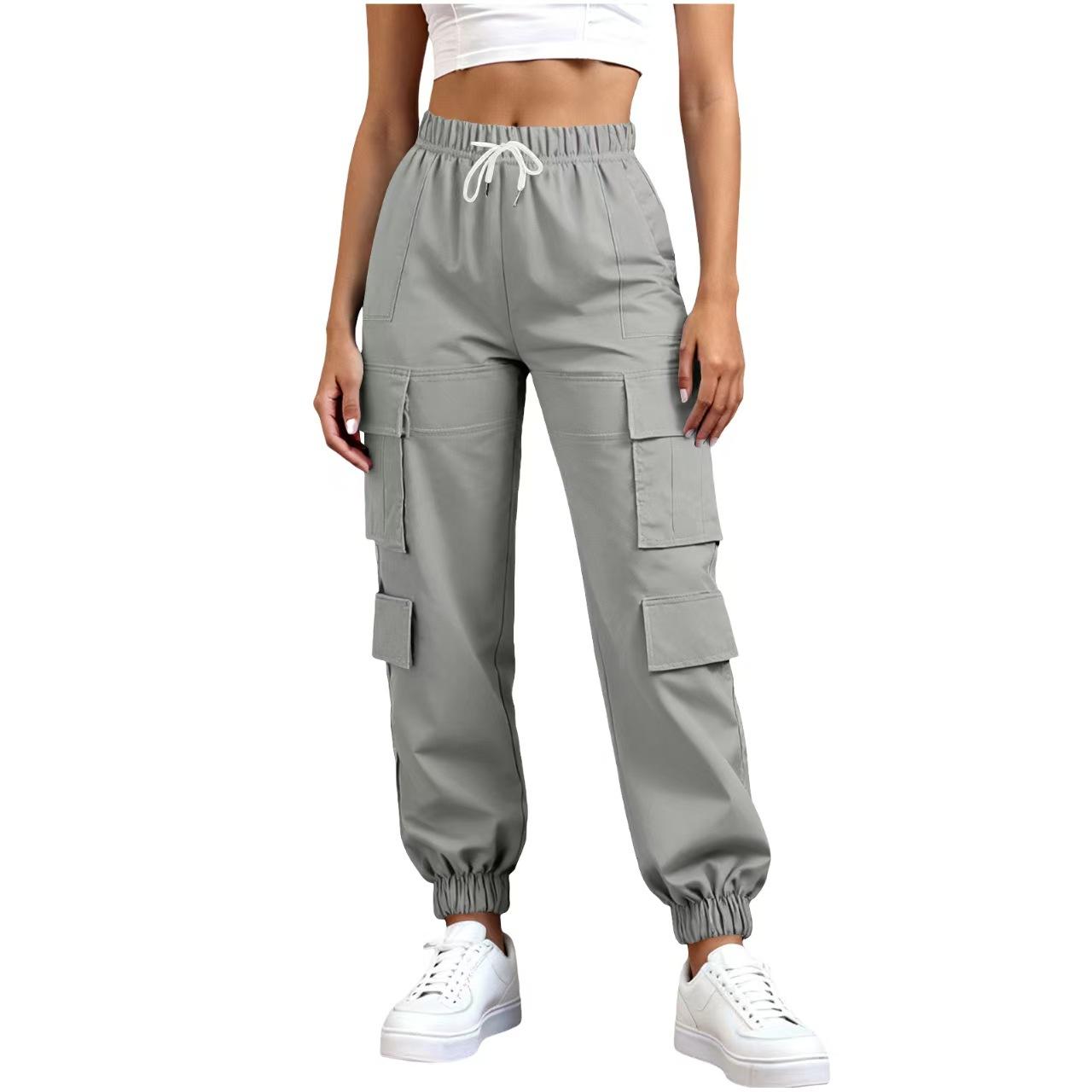 Women s Elastic Waist Cargo Pants Solid Color Drawstring Jogger Pants with Multi Pockets S серый