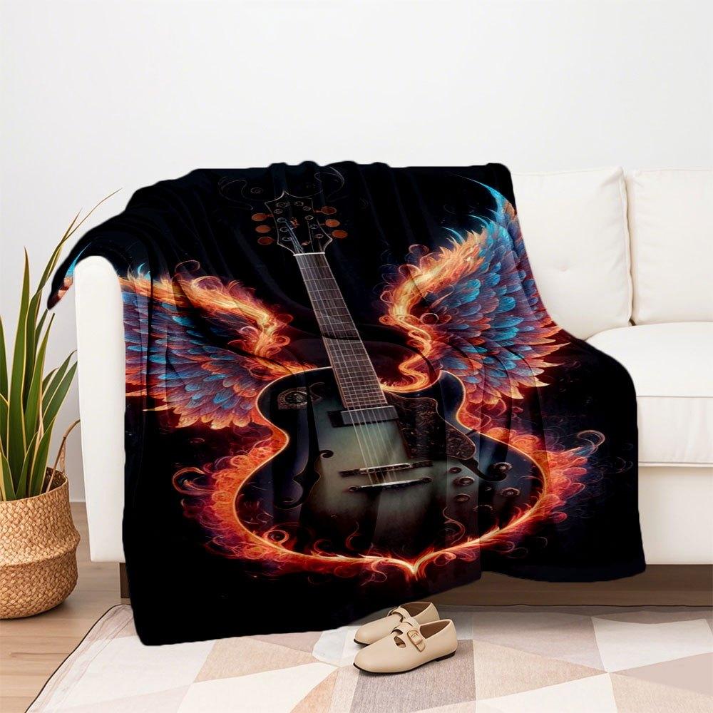 "Angel Wings Electric Guitar - Flame Design"Blanket Flannel Throw Blanket for Sofa, Bed, Travel, Camping, Office