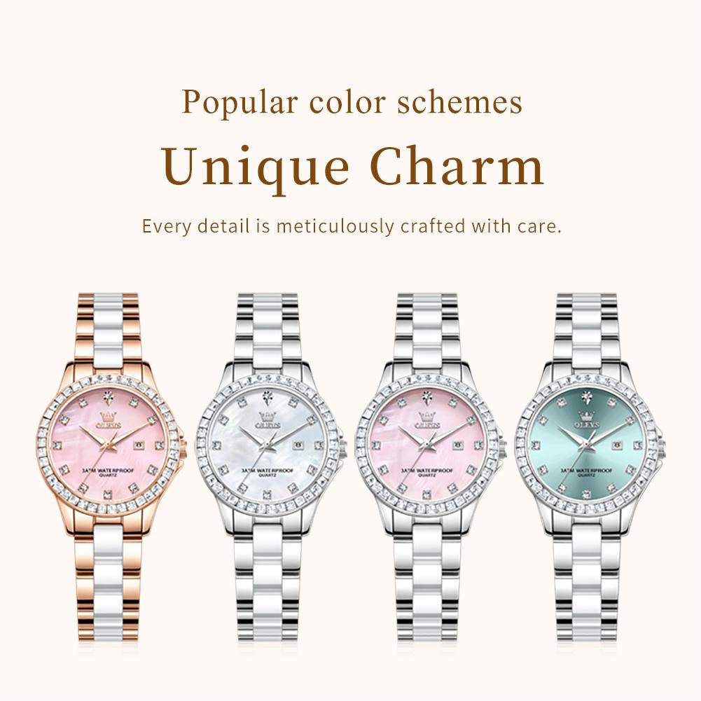 OLEVS Quartz Wristwatch Elegant Luxury Ceramics Strap Waterproof Auto Date Diamond Bezel Watch for Women