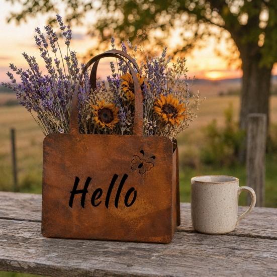 Rustic Metal Handbag Planter with Double-Sided Hello and Welcome Signs, Farmhouse Wall Mount Flower Pot, Vintage Hanging Purse Shaped Succulents