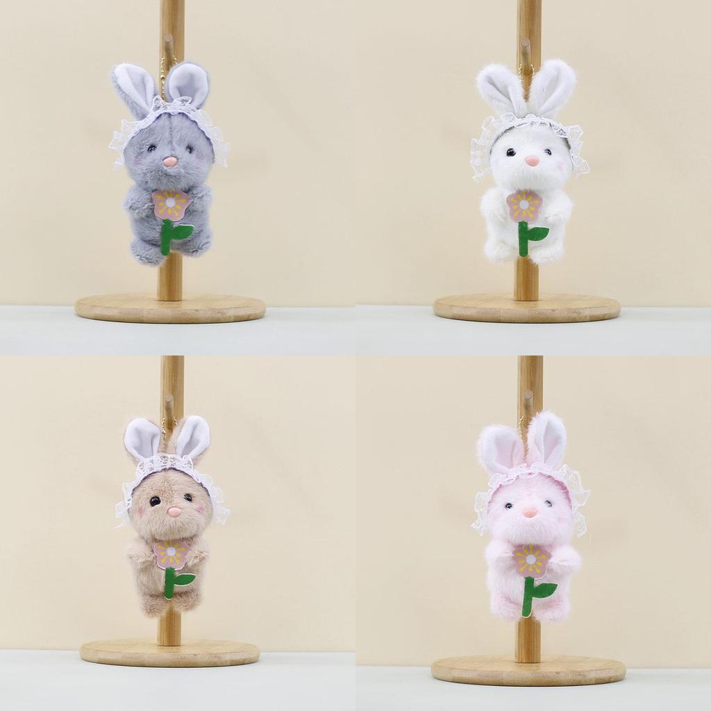 Cute Grey White Brown Pink Flower Bunny Plush Keychain Soft Doll For Bags Keys And