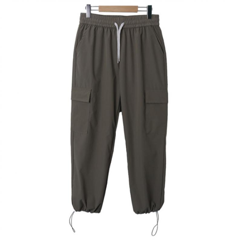 Shop   Women Cargo Waist Strap Bottom String Daily Jogger Wide Pants Beige Bygo 