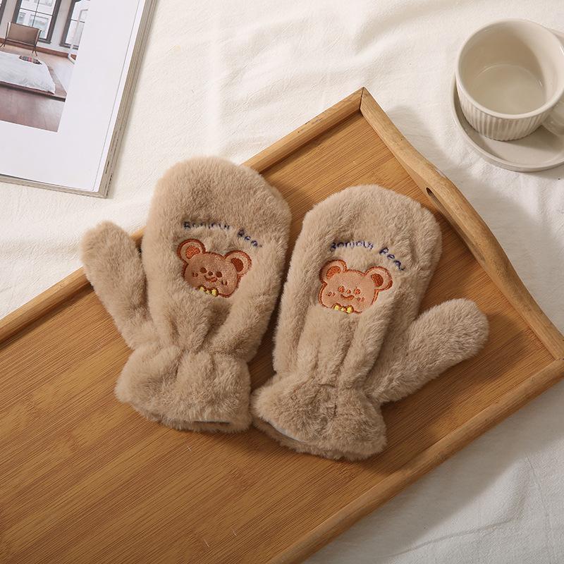 Cartoon Gloves Women's Autumn and Winter Fleece Thickened Casual Windproof Cute Tea Tea Bear Warm Plush Full Finger Hanging Neck