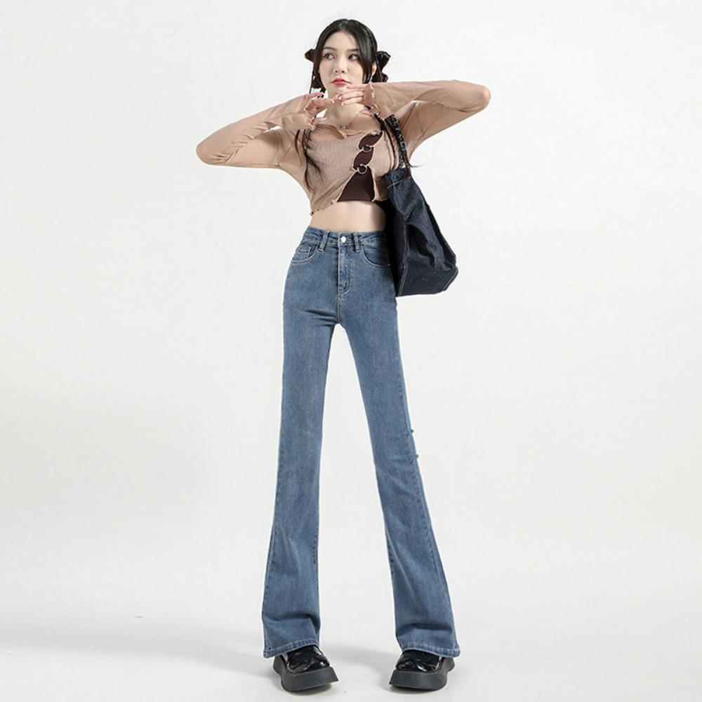 

Korean version of micro-pull jeans women s spring new elastic high-waisted thin small flared pants micro-pull pants 2XL