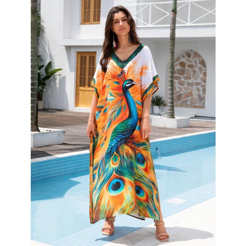 Damenmode Sommer Frühling Federdruck 1/2 Ärmel V-Ausschnitt Lockere Taille Freizeitkleider