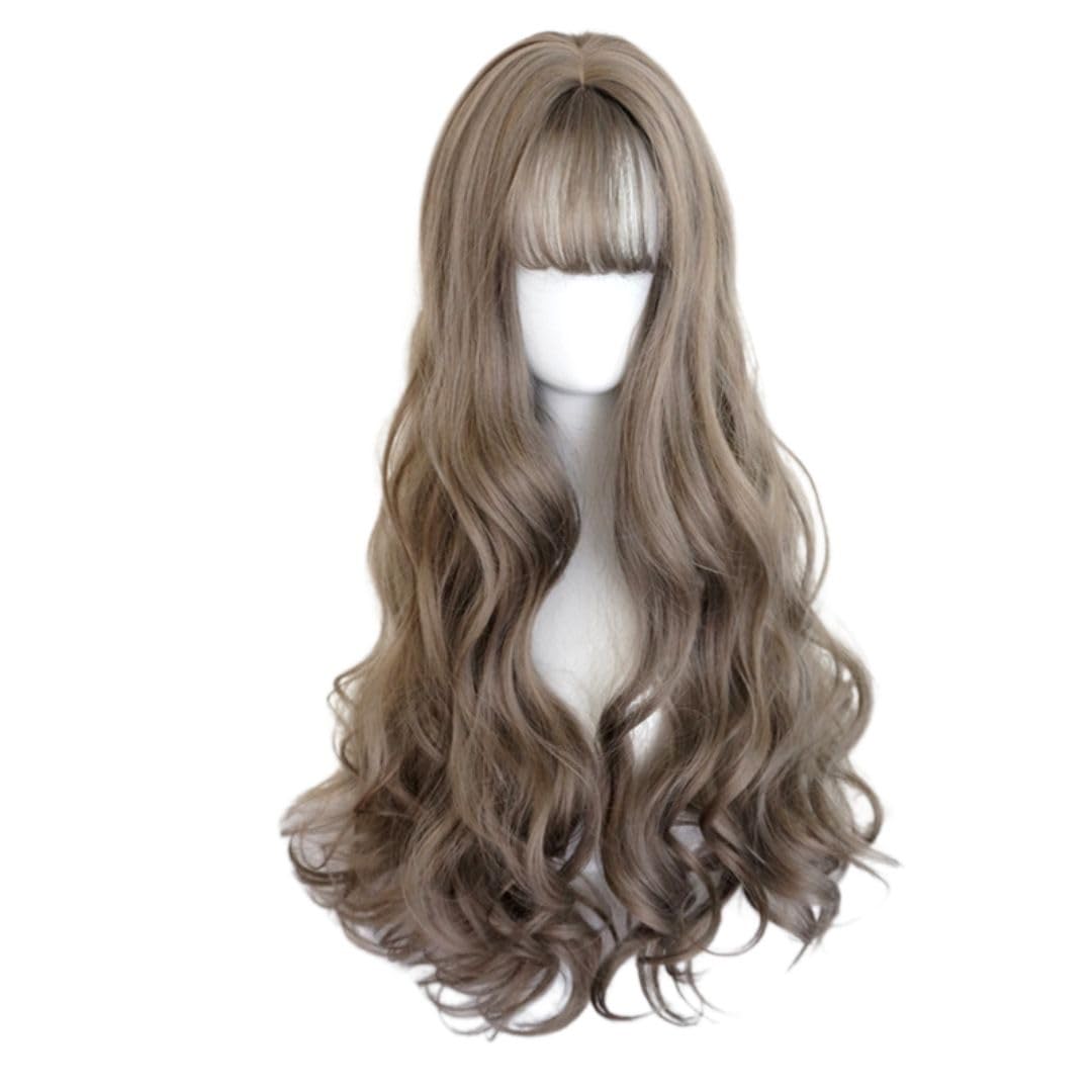 

Wig Long Wave Curl Ash Gray Wig Curly Ladies Full Wig Bangs Crossdressing Heat Resistant Natural Breathable Full Wig [PuuKuu] Women s