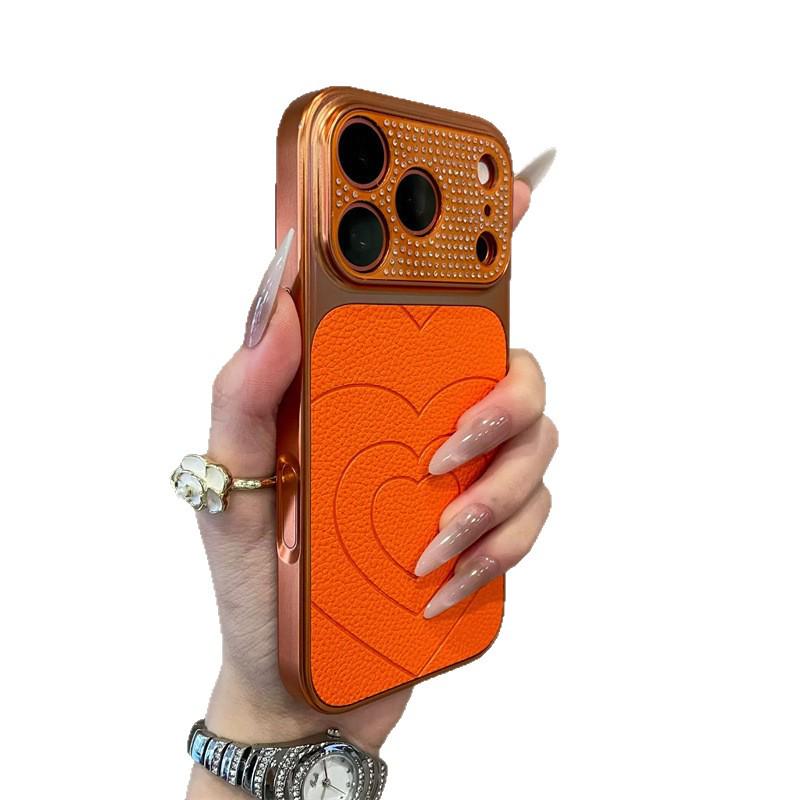 Rhinestone Heart Leather Texture Drop-Proof Phone Case for iPhone 15Pro, 16Pro, 17Pro