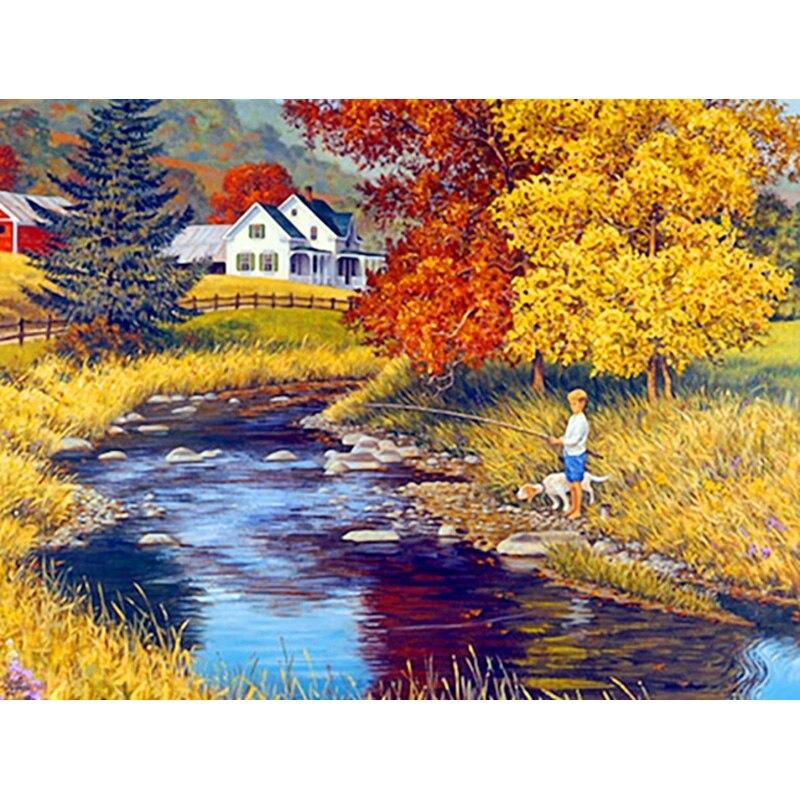 Pictură cu diamant 5D DIY, peisaj, casă, broderie cu diamant, peisaj, punct de cruce, burghiu rotund complet, decor cadou manual