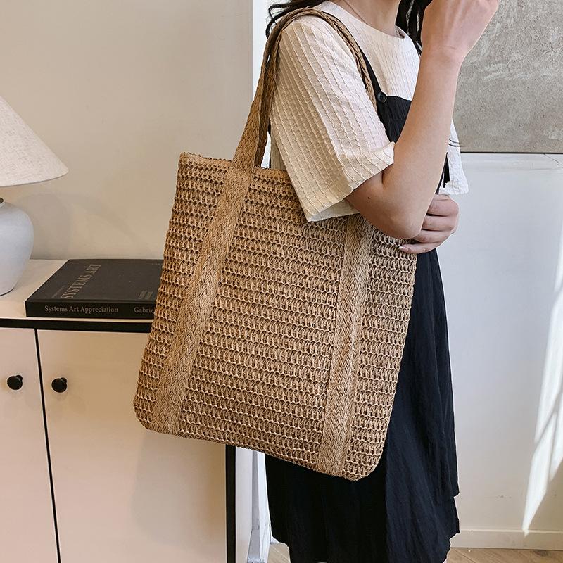 

Summer Solid Color Woven Shoulder Bags for Women Large Capacity Ladies Straw Handbags Vacati Style Female Beach Tote Bag хакі