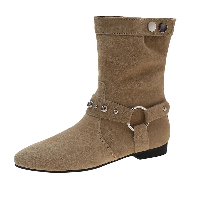 

Высококачественная женская обувь, женские сапоги без застежек, модные современные сапоги с заклепками, женские сексуальные однотонные ботильоны с острым носком, Zapatos 35 бежевый