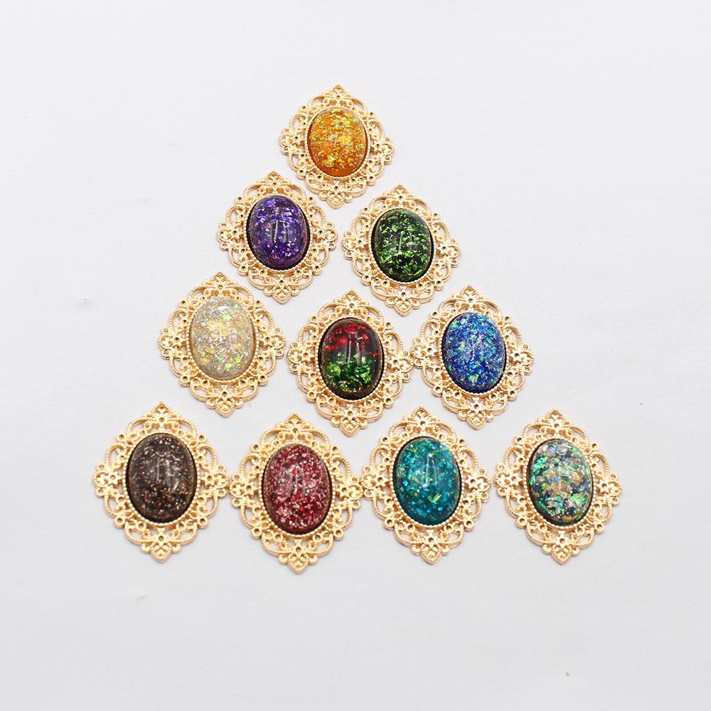 Gold 10 piece set 27 * 33mm flat back oval glitter resin flower plate DIY clothing hair accessories bow flower accessories