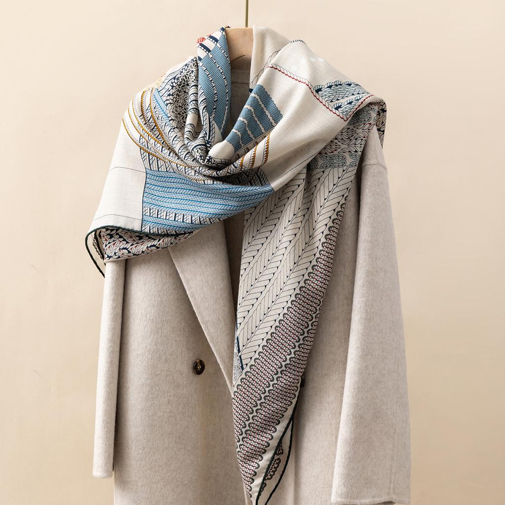 130*130cm 30% Seide +70% Wolle Schal Retro Vintage Luxuriös Weich Stola Groß Warm Winter Wickeltuch für Damen