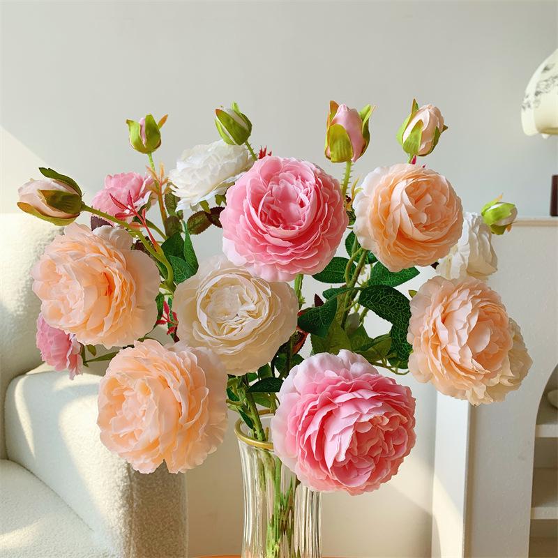 3-Head Peony Silk Flower Bouquet - Dried Floral Arrangement for Living Room or Dining Table Decor