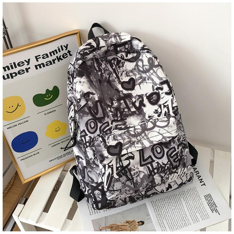 Schoolbag Backpack Men's 1 Trend Graffiti ins Large Capacity Fashion Printing Student Women's Backpack Waterproof and Wear-resistant White Ditch