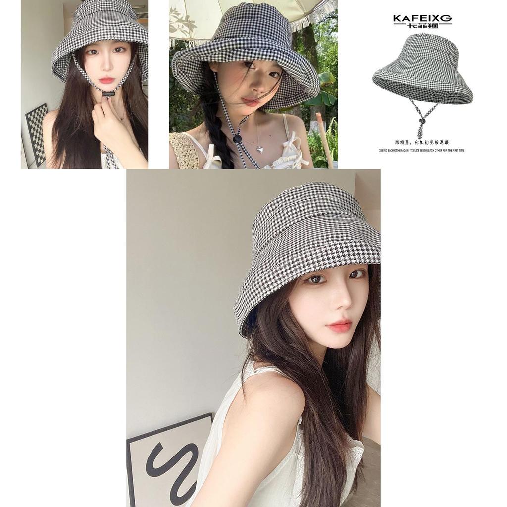 Fashionable Checkered Bucket Hat For Women Adjustable Size Uv Protection Summer Cap