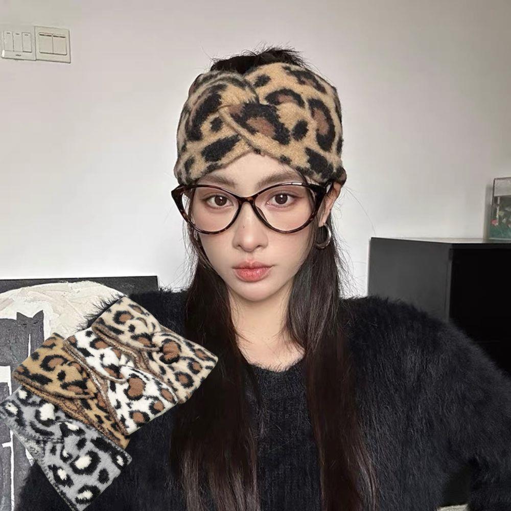 Plush Leopard Print Cross Headband For Women Korean Style Wool Knitted Chunky Hairband Fashion Wide side Turban Hair Accessories