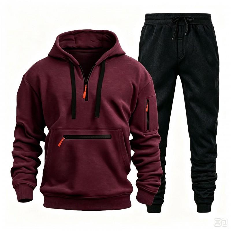 Mens Hooded Zipper Sportswear Set With Multiple Pockets Casual Tracksuit Running Gym