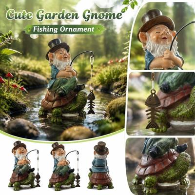 Harz Gartenfigur Zwerg sitzt auf Schildkröte Angeln Dekorative Statue für Außenbereich Terrasse Hof Schmuck