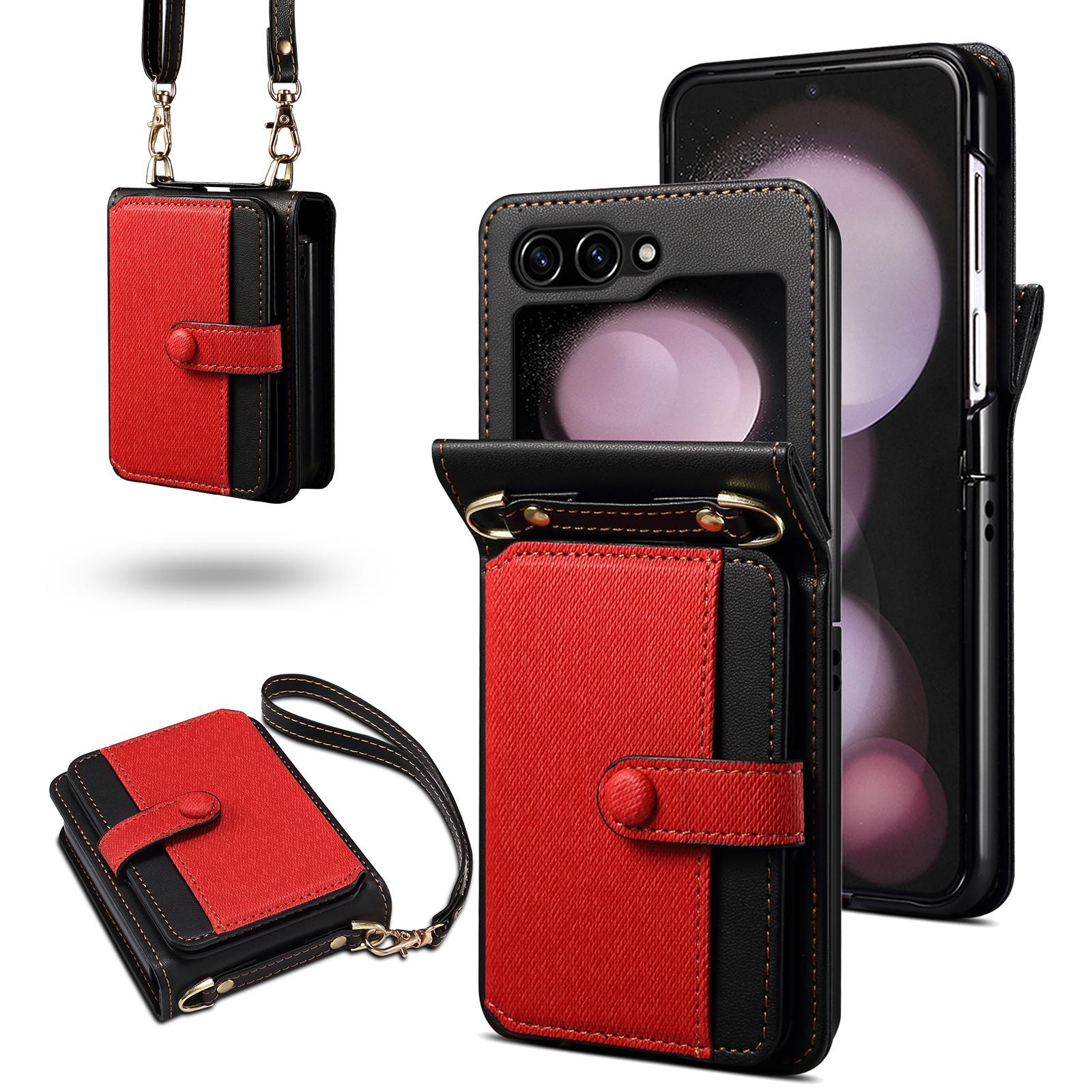 

For Samsung Galaxy Z Flip6 5G Case Splicing Color Leather Phone Cover with Card Slot Holder Lanyard Red