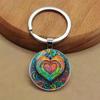 Round Glass Pendant Alloy Keychain with Intricate Heart Design Pattern Durable Metal Key Ring Accessory for Everyday Use and Gift Giving