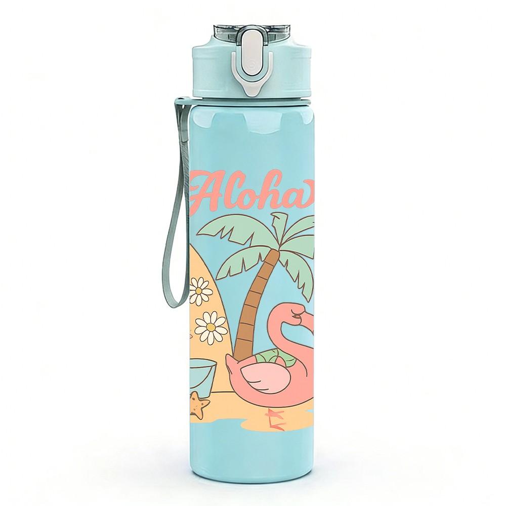 1PC Aloha Palm Surfboard Print 750ml Color Plastic Sports Water Bottle Leakproof Flip Straw Lid Suitable for Sports Office Home Use