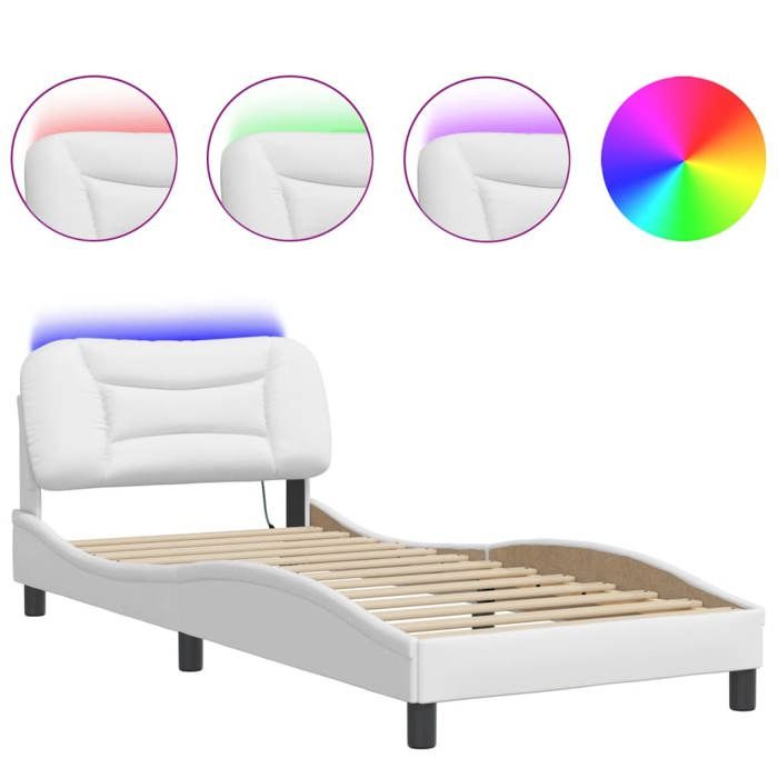 VidaXL Cadre de Lit avec Lumières LED, Lit Rembourré, Lit Simple, Lit Adulte de Chambre à Coucher Intérieur, Moderne, Blanc 3213893