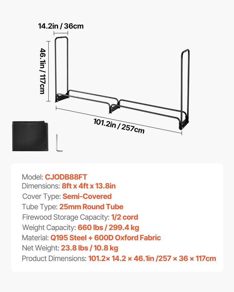 Firewood Rack with Waterproof Cover, 2.57m Outdoor Firewood Holder, 1/2 Cord Storage Metal Log Holder, 299kg Max Weight Capacity, Top Covered,