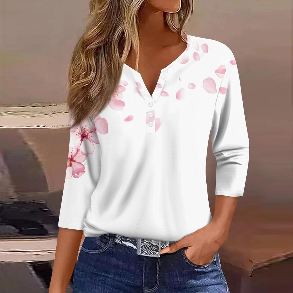 Women's T Shirt Tee Print Button 3/4 Sleeve Daily Weekend Fashion Basic V- Neck Regular Top