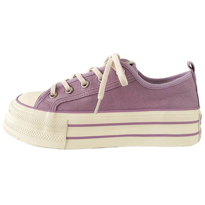 Dikke Bodem Canvas Schoenen Dames Ronde Neus Platte Veters Dubbele Band Veelzijdig Dunne Zool Board Schoenen Ademend Laag Uitgesneden Casual