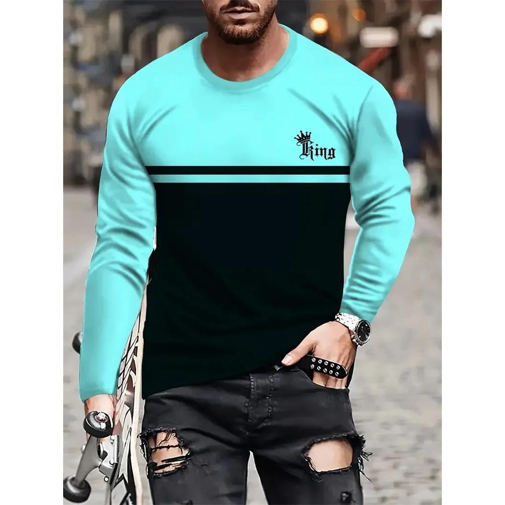 Spring and Autumn Round Neck 3D King Pattern Color Block Printed Top Fashionable Casual Long Sleeved Men's T-shirts