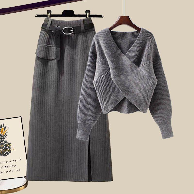 2pcs Women's Knit Skirt Suits Autumn Winter V-Neck Sweater Knit Pencil Skirt Two Piece Set Loose Pullover Sweater  Knit Top  SkirtOutfits
