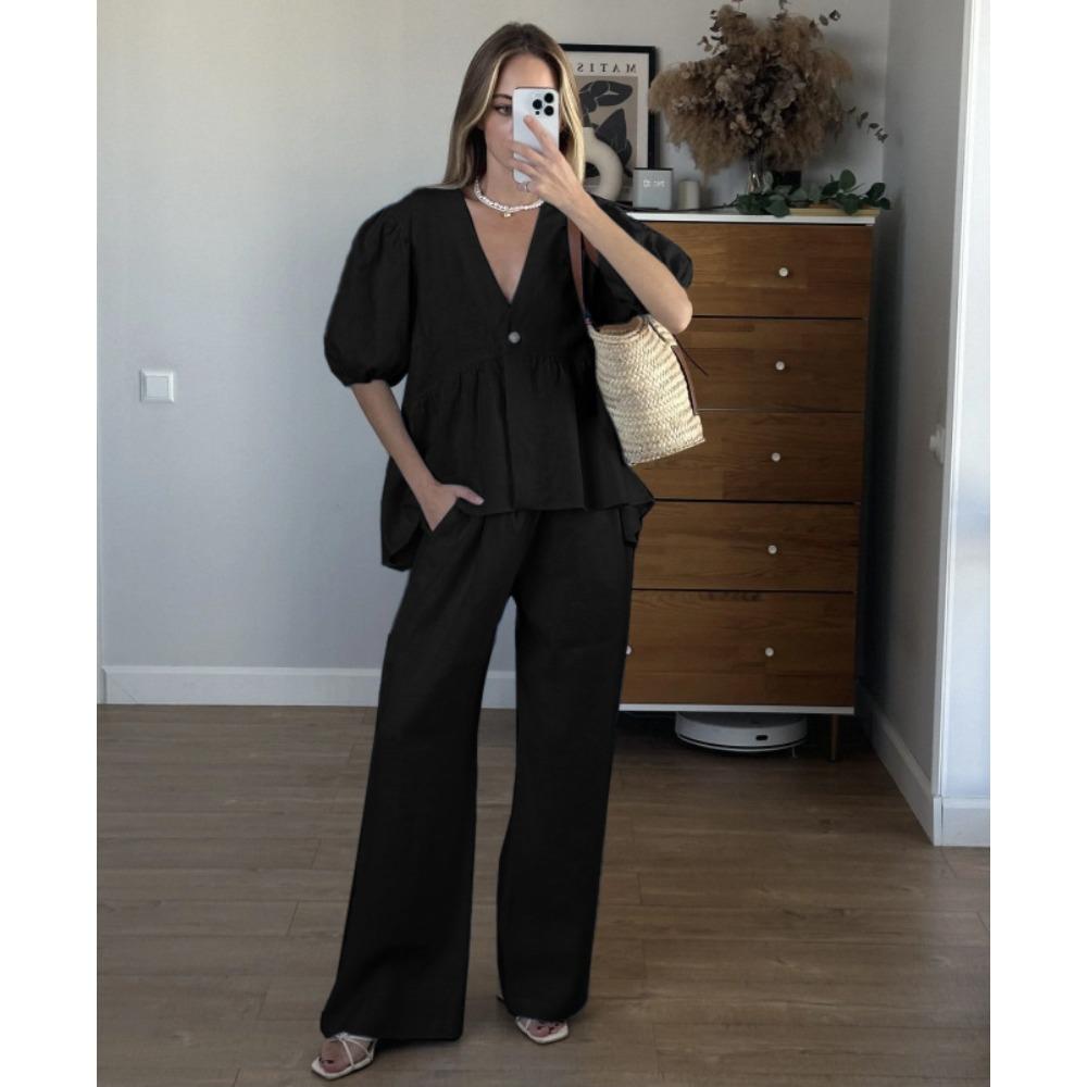 

European and American Spring/Summer Sweet Solid Color Set, Pure Cotton V-neck Top, Bubble Short-Sleeve Long Pants 2-Piece Set L чорний