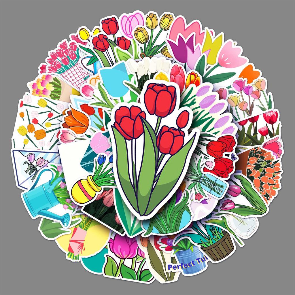 50 Tulips Doodle Personality Small Fresh Flowers Hand Tent DIY Mobile Phone Case Suitcase Sticker Waterproof