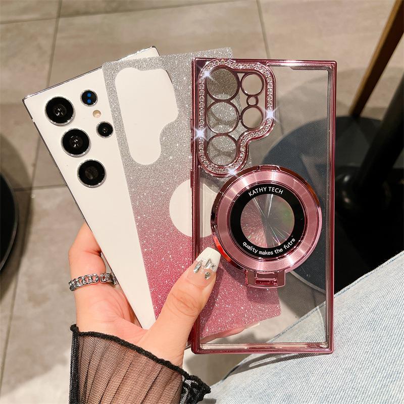 Suitable for Samsung S25 Ultra Mobile Phone Case Flash Powder Gradient Electroplated Rhinestone Magnetic Suction Bracket S24 Anti Fall A56