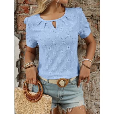 Frühling und Sommer Neues einfarbiges rundes kurzärmeliges T-Shirt Hohl-Oberteil