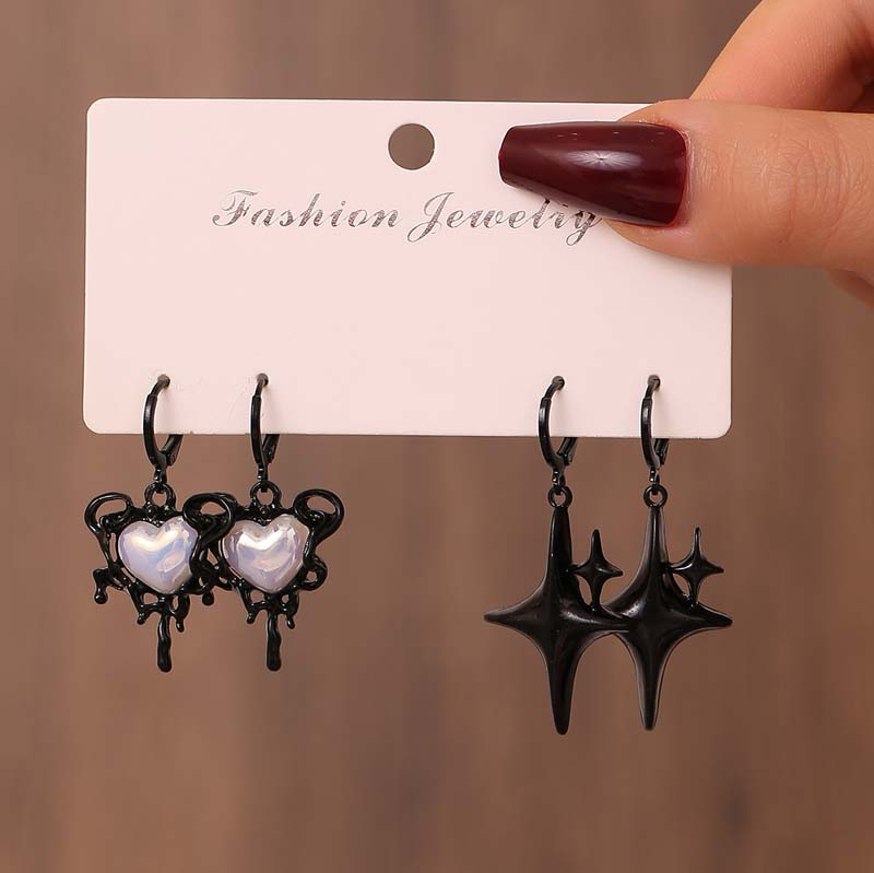 Gothic Punk Black Color Heart Star Pendant Earrings Set for Women Egirl Simple Opal Stone Cross Earrings Aesthetic Y2K Zircon