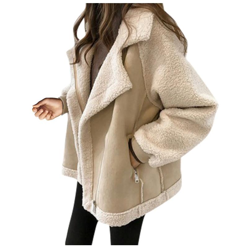 Autumn Winter Women's Coats New Casual Loose Patchwork Outerwear Harem Korean Vintage Crop Pockets Lambhair Jacket Women