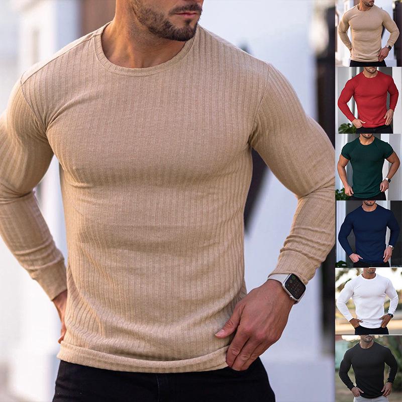 Men Casual Sports Fitness Elastic Vertical Stripe Round Neck Long Sleeve T Shirt