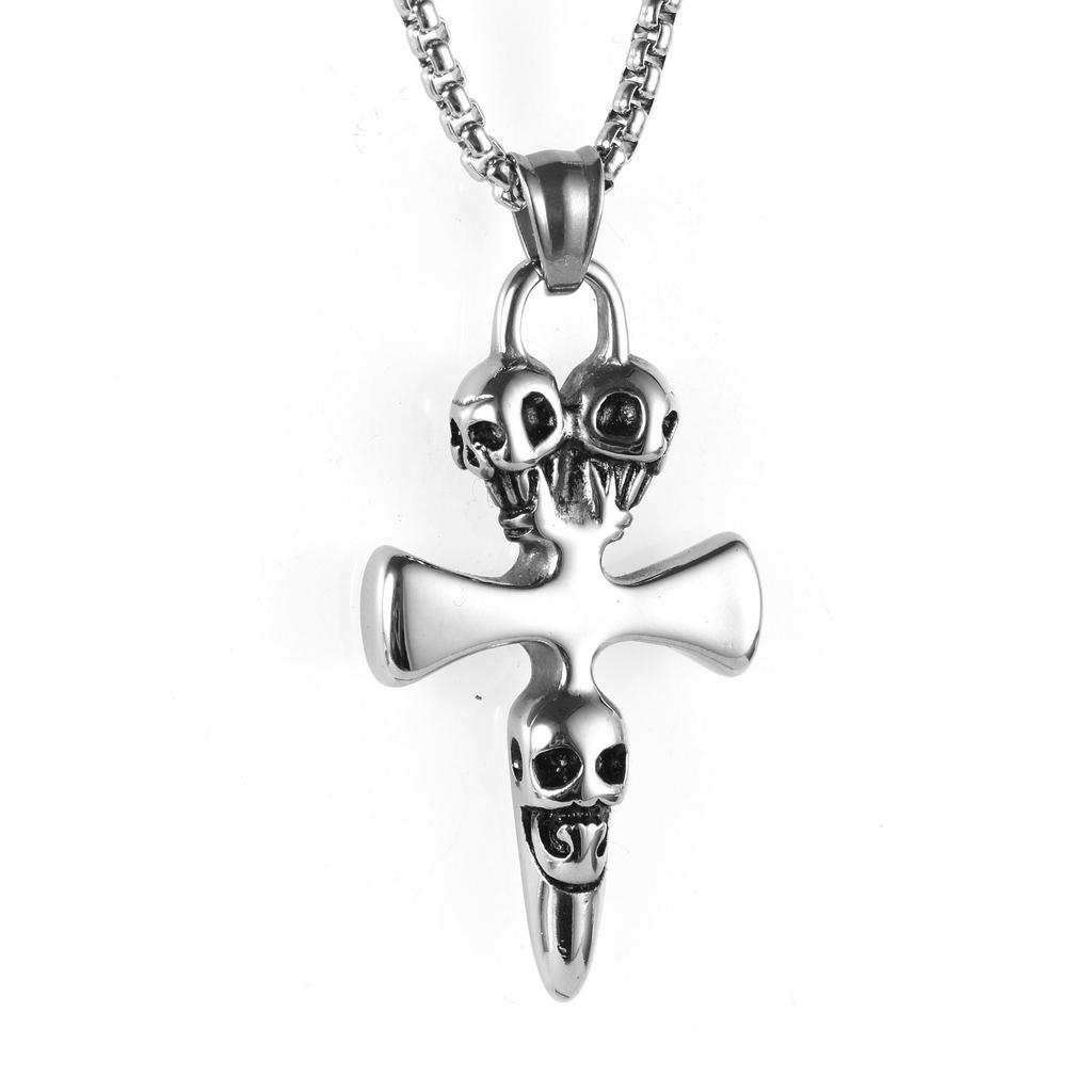 European and American Stainless Steel Men Necklace Retro Three Skull Cross Alloy Pendant