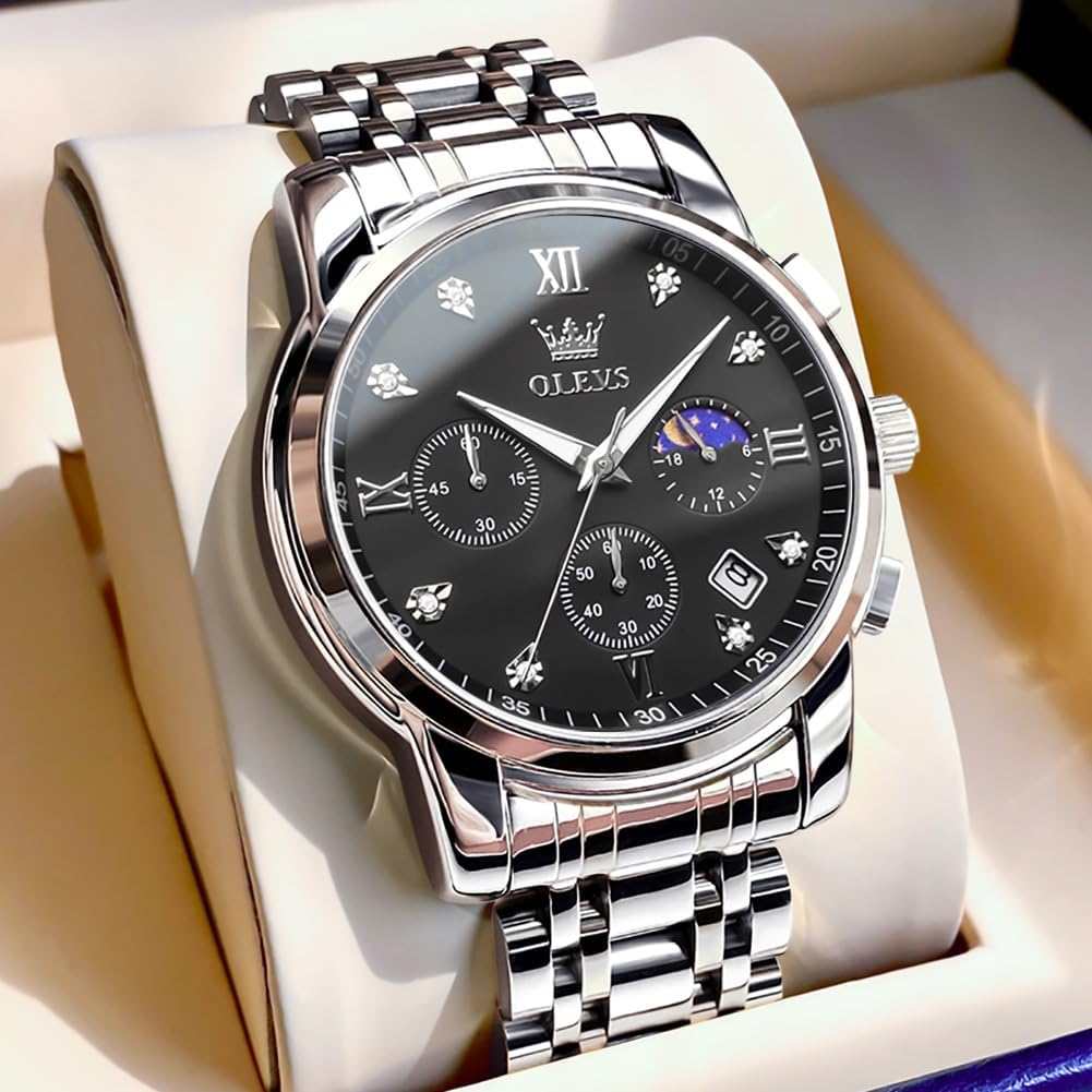 OLEVS Men's Quartz Watch with Moon Phase Timer, Stainless Steel, Simple and Fashionable, Waterproof, Luminous, Date Display (Black)