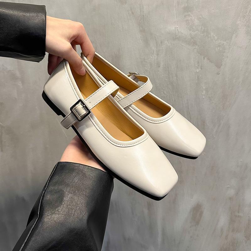 Fashion Elegant Retro Square Toe Mary Jane Flat Bottom Single Shoes Casual Soft Leather Ballet Women's Flats Comfortable Solid Mocasines