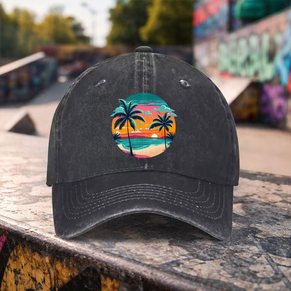 Tropical Sunset Palm Tree Baseball Cap Distressed Washed Cotton Adjustable Outdoor Beach Cap