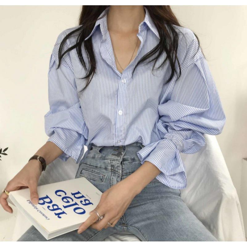 Korean Women's Retro Striped Lantern Sleeve Chic Top