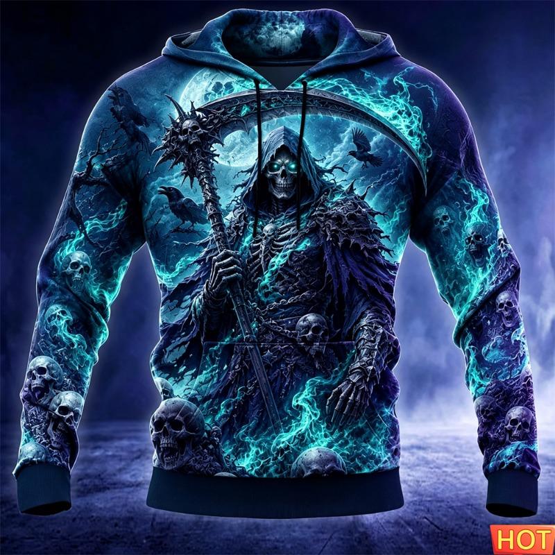 Men's Halloween Grim Reaper 3D Printed Hoodie Skull Raven Gothic Graphic Sweatshirt Long Sleeve Streetwear Outdoor Street Hoodie
