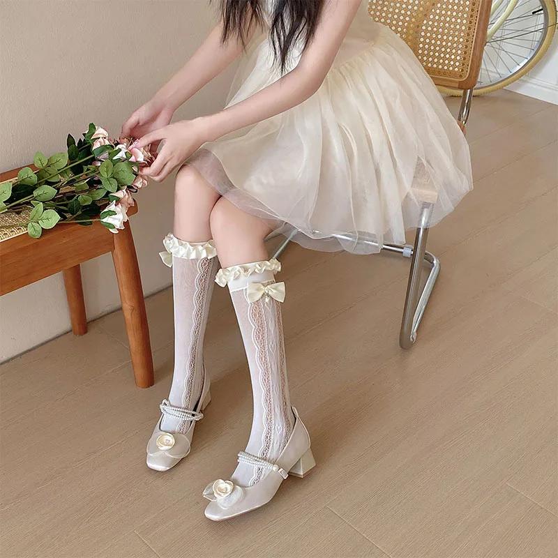 Sweet Girls Long Socks Women Stockings Hollow Out Sexy Lace Mesh Fishnet Stockings Lolita Kawaii Bow Cute Ruffle Socks Stockings