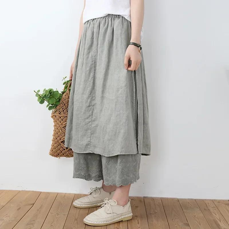 

100% хлопок, лен, Mori Girl, цветочная вышивка, широкие брюки, юбка, эстетичные, сказочные, гранж, средневековые, свободные, потертые брюки One Size