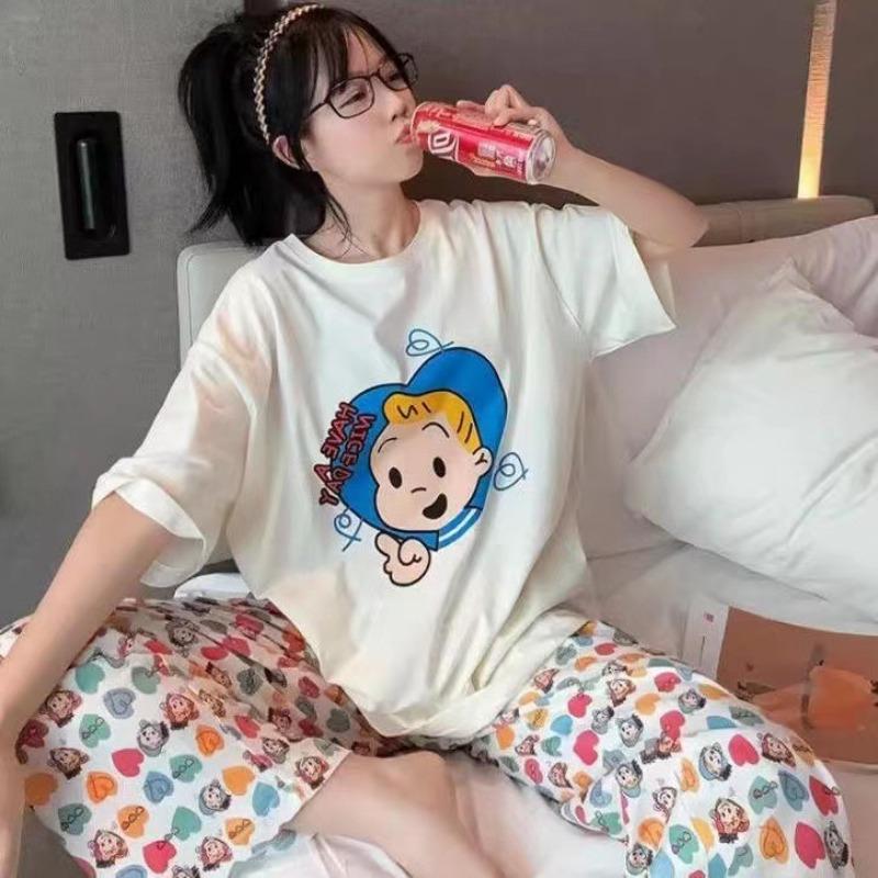 Pajamas women's short-sleeved trousers summer cartoon cute 2 new cartoon spring and summer loungewear suit can be worn outside